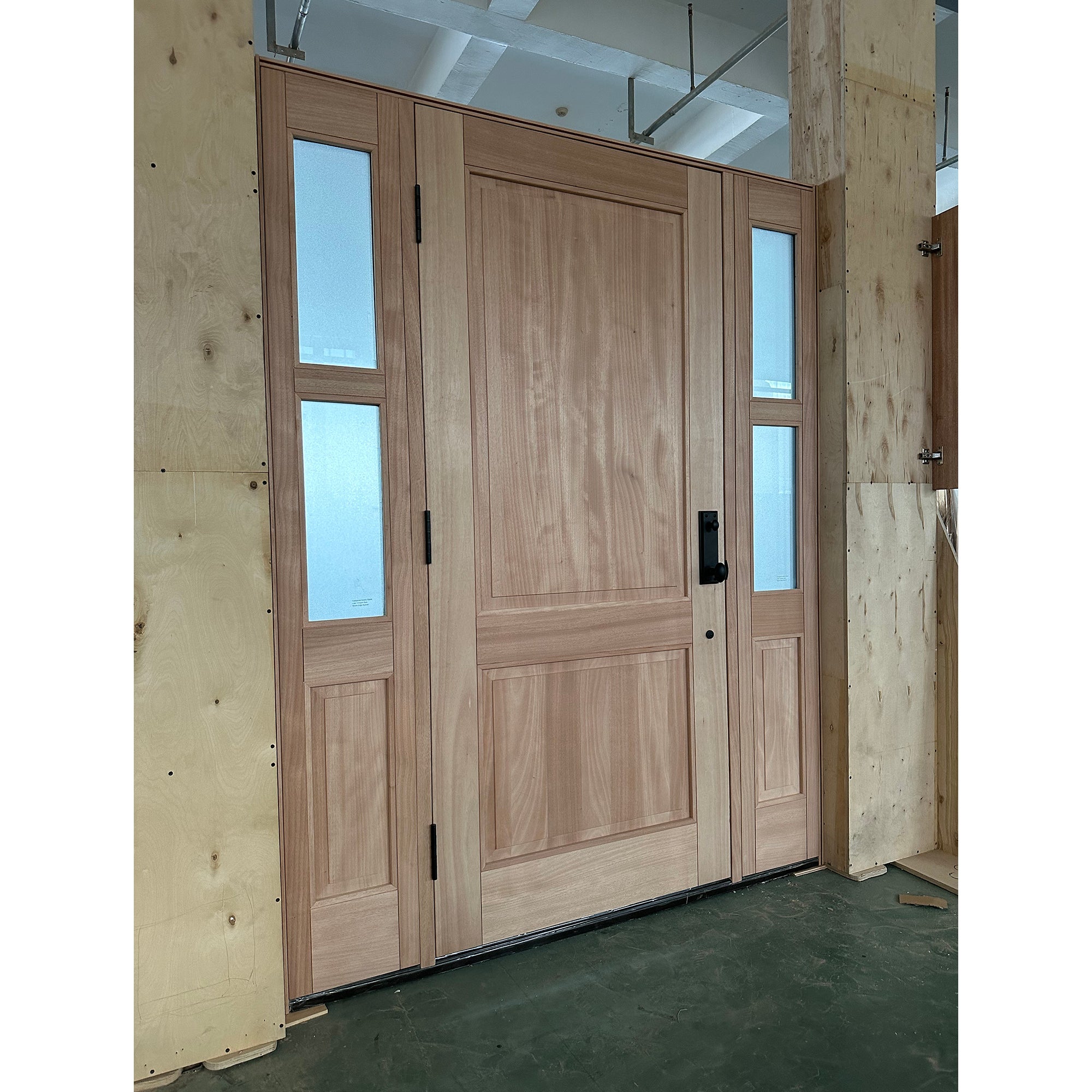 African Mahogany Panel Front Wood Door With Double Sidelights