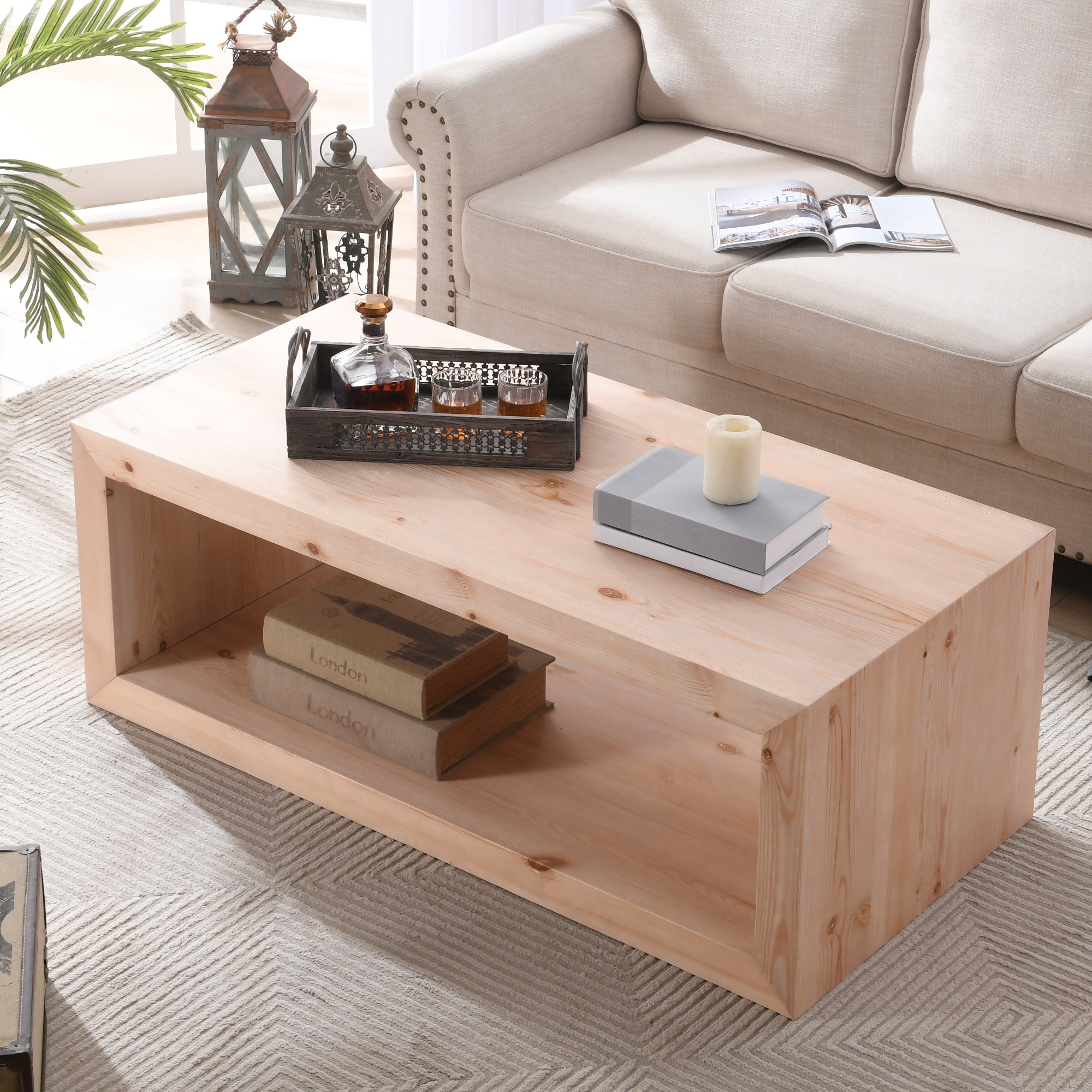 Pine wood coffee table with storage