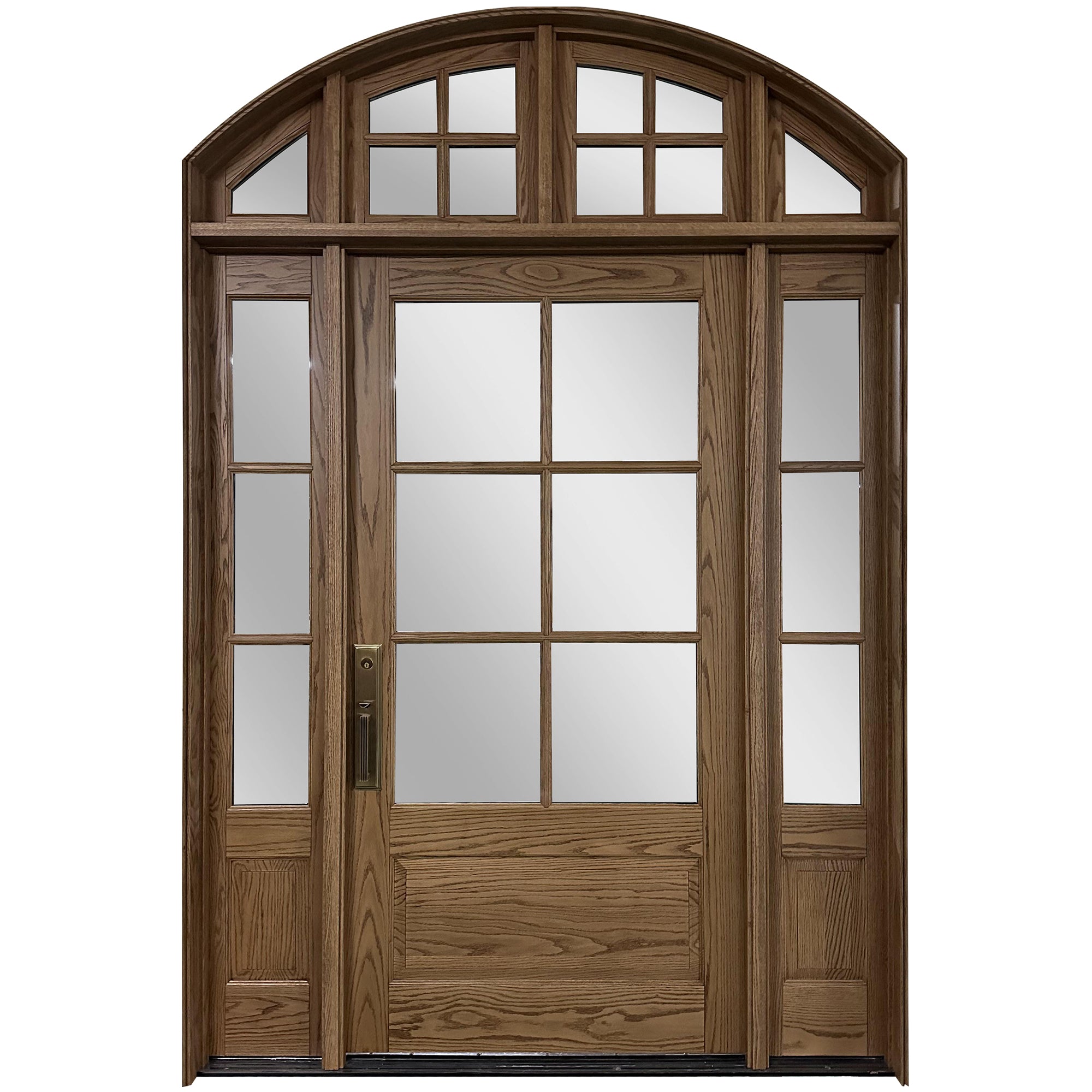 Red Oak Arched Front Entry Solid Wood Door With Transom and Sidelite